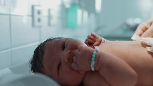 Infant with personalized bracelet resting on hospital bed, sucking thumb, looking content, close-up of face and hand, newborn baby capturing heartwarming first moments