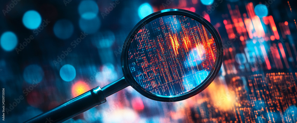 Poster A magnifying glass over a futuristic data matrix displaying colorful graphs and numbers, symbolizing digital analysis, technological trends, and data insights.