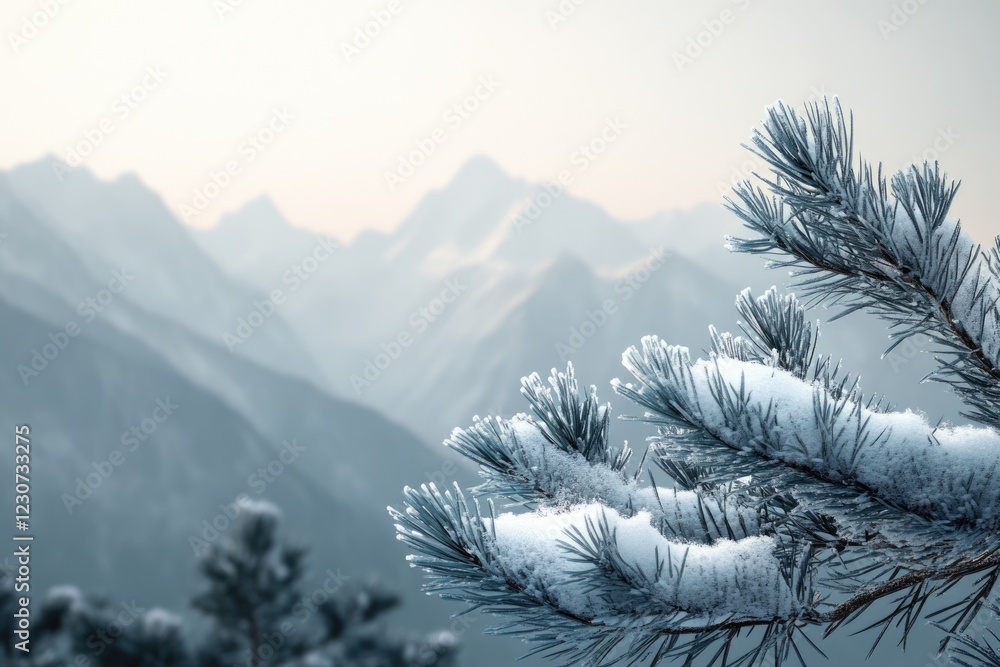 Wall mural Snow-covered pine branch in front of a blurred mountain range, winter scene.