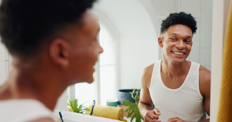 Happy man, smile or mirror to check beauty in bathroom with results or face reflection for grooming...