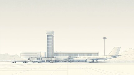 Wireframe rendering of airport terminal building with airplane and ground support equipment.