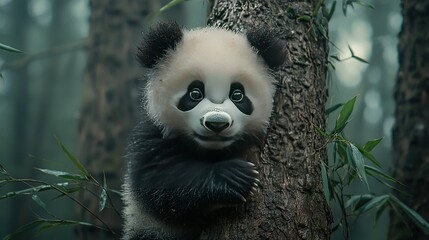 Obraz premium a panda bear on a tree in a forest surrounded by a crisp background of trees and leaves