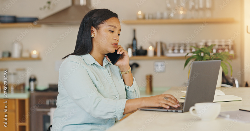 Poster woman, phone call and laptop in home for remote work, planning and booking appointment. private hous
