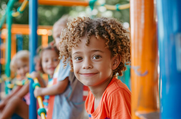 Portrait of cute preschooler kids playing together in an outdoor urban playground