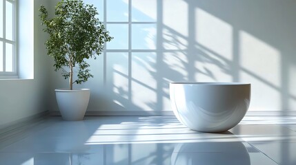 A white bathtub sits in a room with a large window and a potted plant