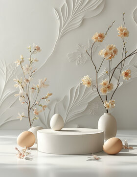 Easter themed product display podium background, Minimalist spring vibe, pastel blossoms and monochrome egg sculptures, abstract spring patterns for a chic vibe, ad, podium platform
