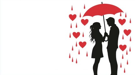 Silhouette Couple Under Heart Shaped Raindrops Romantic Umbrella Design in Flat Vector Style