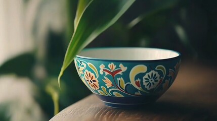   A blue-and-white bowl sits atop a wooden table beside a potted plant also on a wooden table