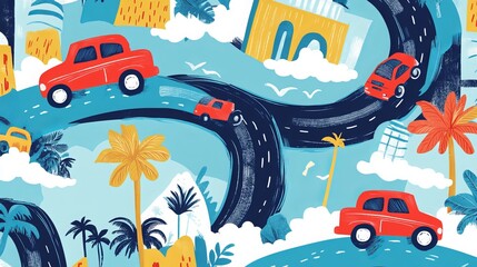 Vibrant T-shirt design features a comical car race amid a seamless summery pattern. The design captures the excitement of road trips and beach adventures
