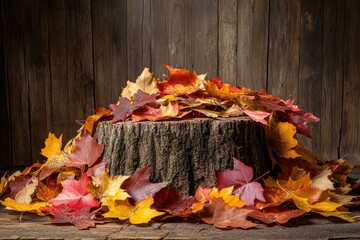 Obraz premium Autumn leaves in vibrant red, orange, and yellow hues rest on a weathered tree stump against a rustic wooden backdrop.