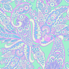 Paisley and ethnic flowers seamless vector pattern. floral vintage background