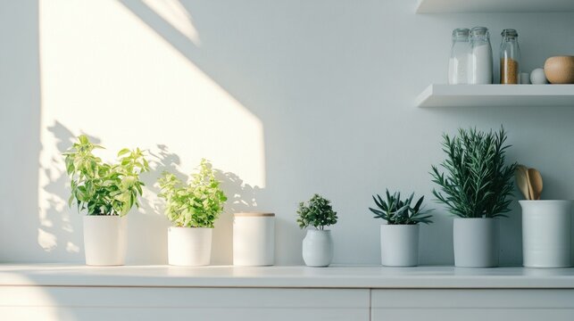 Fresh Herb Pots on a White Shelf Against Sunlit Wall