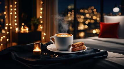 Obraz premium A cup of coffee sits atop a saucer beside a platter of crackers on a bed