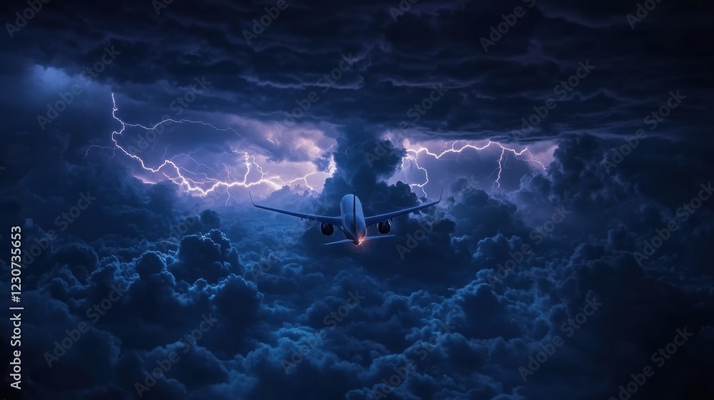 Poster airplane navigates turbulent stormy clouds illuminated by lightning at night. generative ai