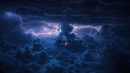 Airplane navigates turbulent stormy clouds illuminated by lightning at night. Generative AI