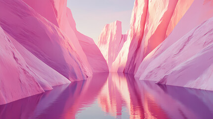 Pink geometric shape in surreal, pastel canyon reflecting in calm water. Dream Canyon. Illustration