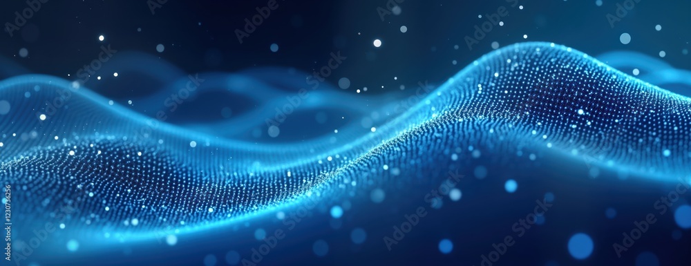 Poster Abstract digital backdrop displays flowing blue data points. Dynamic tech pattern creates futuristic ai concept. Modern design with digital waves, glowing particles. Stylish background for tech