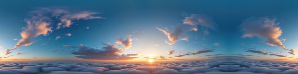Fototapeta premium High angle view of dramatic sunset sky panorama with cumulus clouds. Soft light, vibrant colors paint vast expanse of clouds. Breathtaking aerial perspective of sunset over cloud layer. Serene,