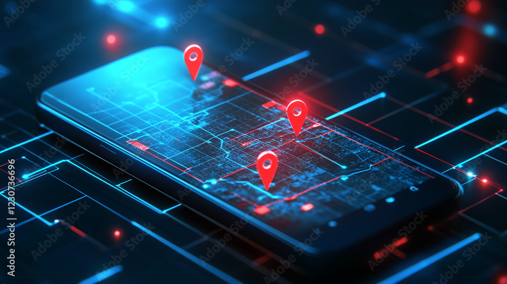 Poster A smartphone displaying a digital map with multiple location pins and red neon highlights, representing navigation, GPS technology, and location-based services.