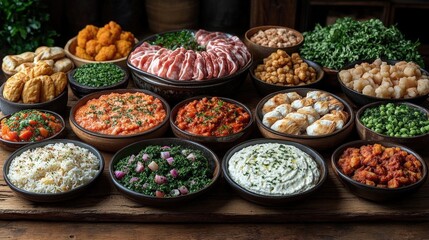 Fototapeta premium Varied Food Dishes on Rustic Wooden Table