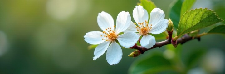Fototapeta premium White petals on blackberry branch in full bloom, blossom, floral, closeup