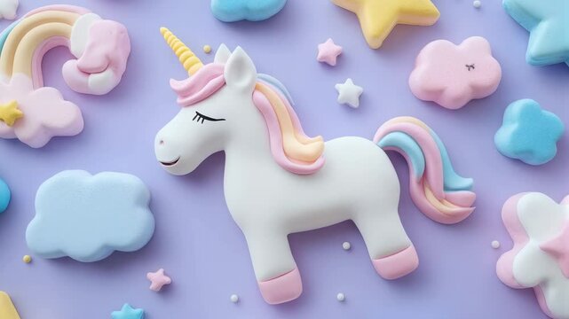 Whimsical unicorn journey through dreamy skies with stars and clouds