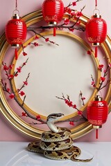 Circular Frame With Red Lanterns and Cherry Branches With Snake