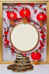 Circular Frame With Red Lanterns and Cherry Branches With Snake