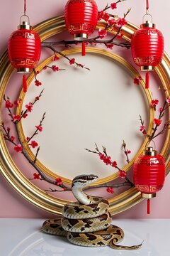 Circular Frame With Red Lanterns and Cherry Branches With Snake