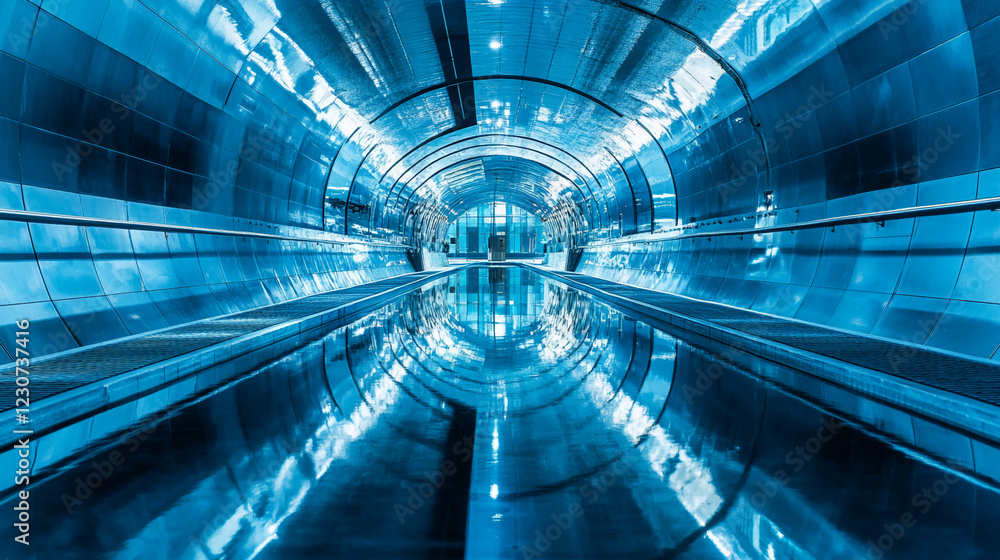 Poster futuristic metallic tunnel with glowing blue reflections and lights, showcasing a high-tech digital 