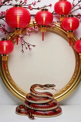 Circular Frame With Red Lanterns and Cherry Branches With Snake