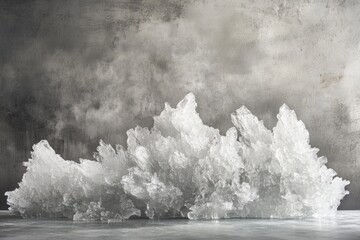 A large, translucent ice formation sits against a textured grey background, creating a dramatic winter scene.