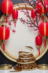 Circular Frame With Red Lanterns and Cherry Branches With Snake