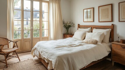 Fototapeta premium Bright White Bedroom Interior with Wooden Furniture and Natural Light