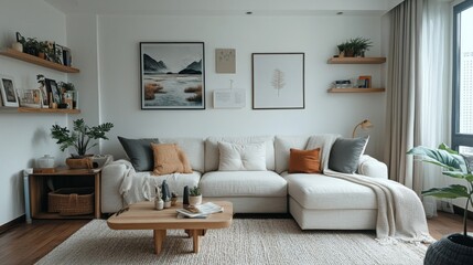 Fototapeta premium Bright Modern Living Room with White Sofa and Wooden Accents