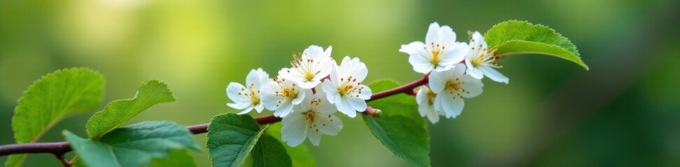 Obraz premium White petals on blackberry branch in full bloom, color, nature