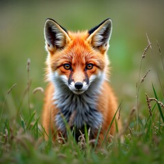 Obraz premium Cute red fox in Swiss nature. Young fox with reddish-brown fur sits in green grass. Closeup photo of wild animal. Portrait of predator. Wildlife image in Europe. Focus on animal face. Possible for