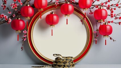 Circular Frame With Red Lanterns and Cherry Branches With Snake