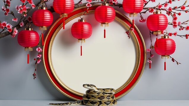 Circular Frame With Red Lanterns and Cherry Branches With Snake