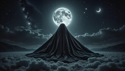 Mystical silhouette draped in moonlight clouds at midnight, dreamscape