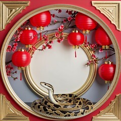 Circular Frame With Red Lanterns and Cherry Branches With Snake