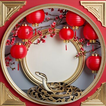 Circular Frame With Red Lanterns and Cherry Branches With Snake