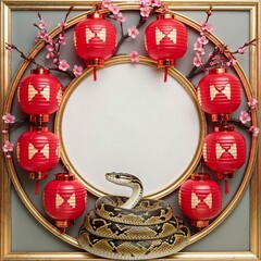 Circular Frame With Red Lanterns and Cherry Branches With Snake