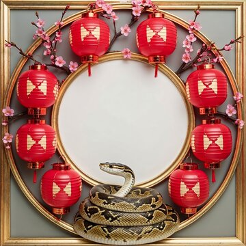 Circular Frame With Red Lanterns and Cherry Branches With Snake