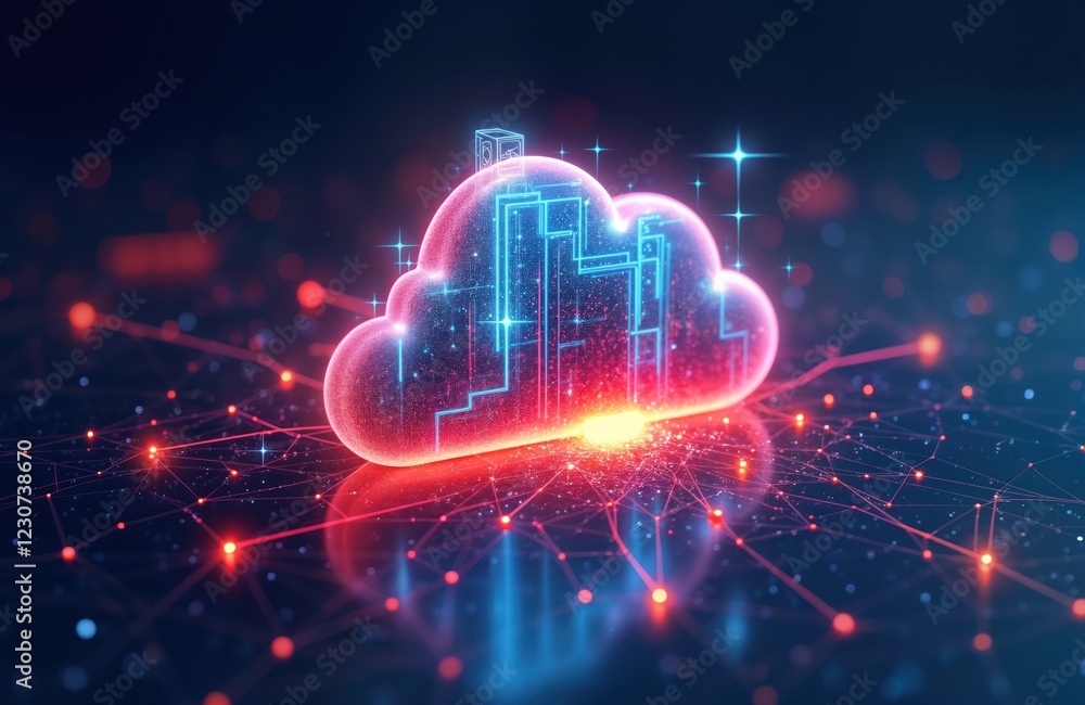 Poster modern illustration shows glowing cloud computing concept. digital network structure connects glowin