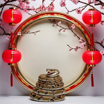 Circular Frame With Red Lanterns and Cherry Branches With Snake