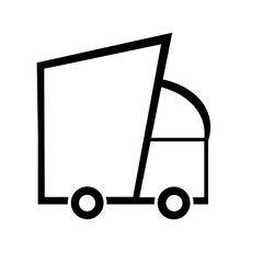 A simple black and white line art illustration of a stylized truck with geometric shapes, designed for logos or icons.