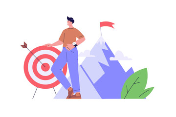 Best employee with target. Concept of career success, motivation, achieving goals. Reward program and receiving rewards. People earn reward loyalty, bonus, business award. Vector flat design