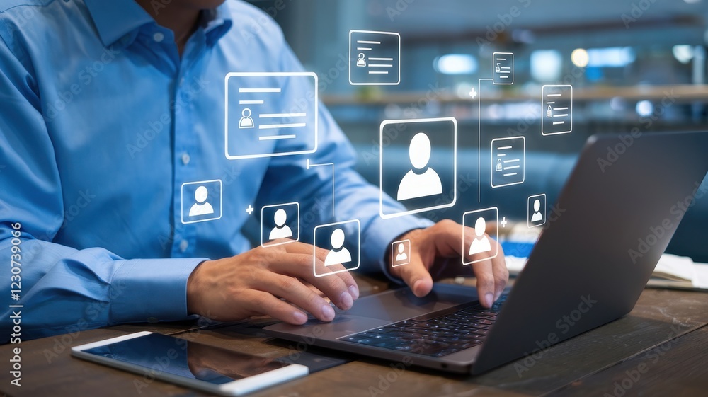 Poster digital networking: businessperson using laptop to connect with various online profiles, showcasing 