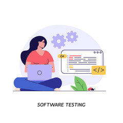 Software testing illustration. Coders working with code testing and debugging, searching bugs. Concept of software testing, bug report, quality assurance, fixing program code. Vector flat design